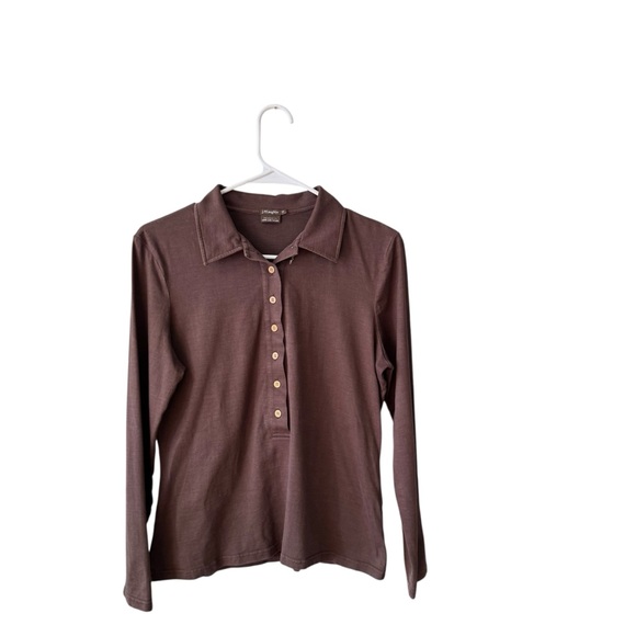 J. McLaughlin Silk Blend Long Sleeve Polo Blouse Top Size LG Brown Preppy Office - Picture 2 of 8